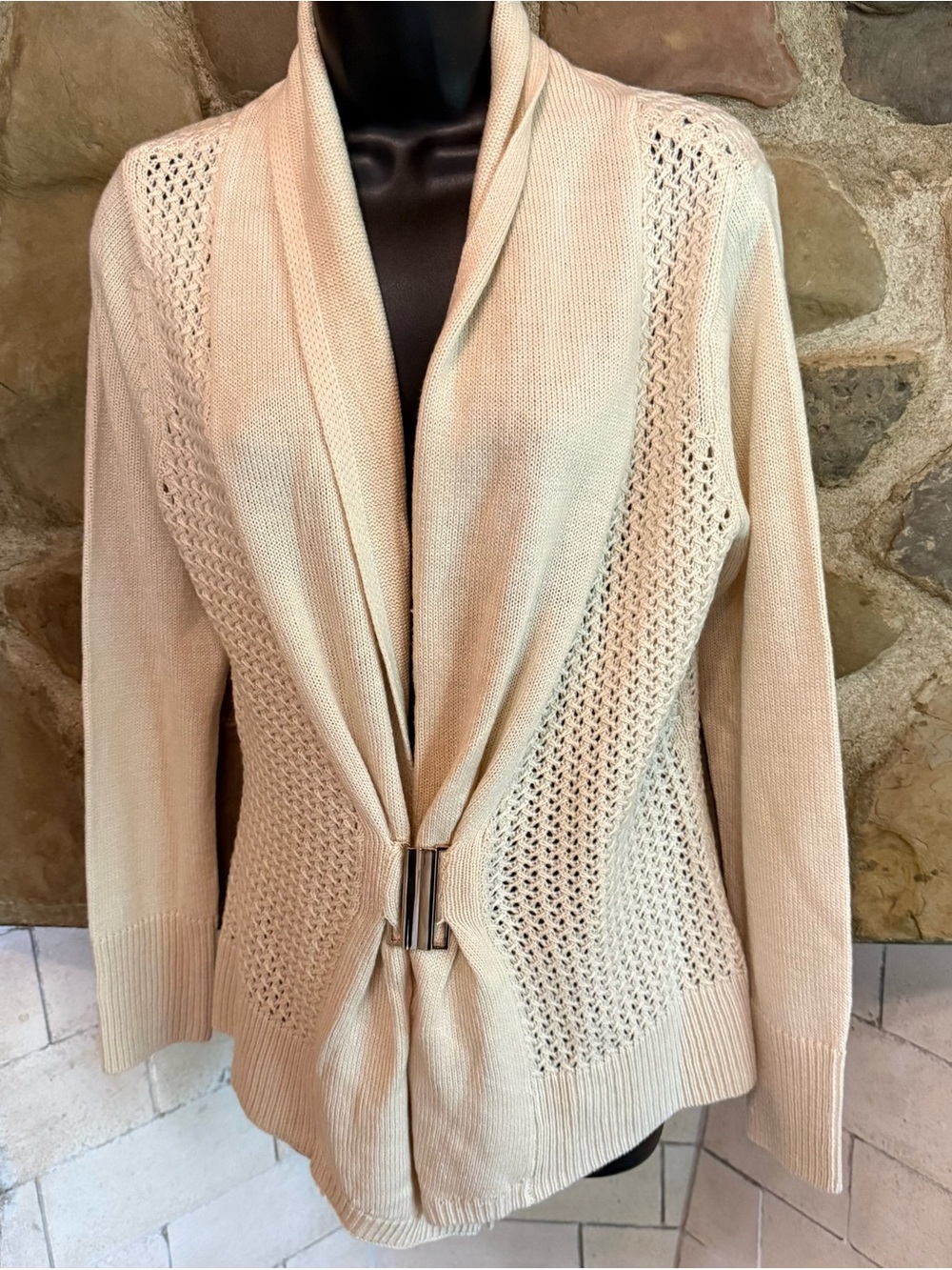VENUS Cream Openwork Shawl-Collar Cardigan with Front Clasp